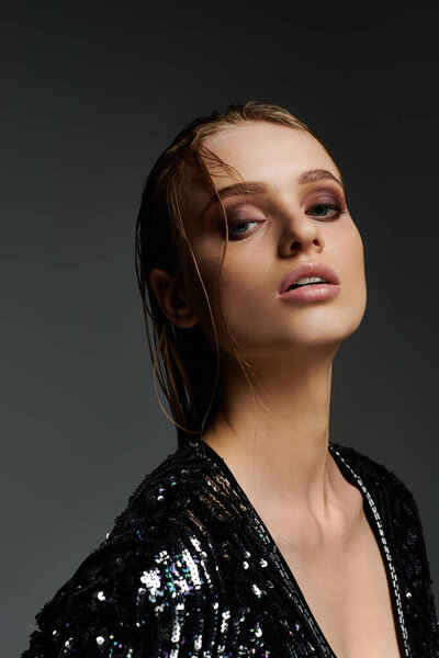 Красивая молодая женщина демонстрирует свои мокрые волосы.