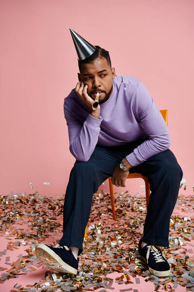 A happy young African American man, wearing braces, sitting on a chair with a party hat on, against a pink background.