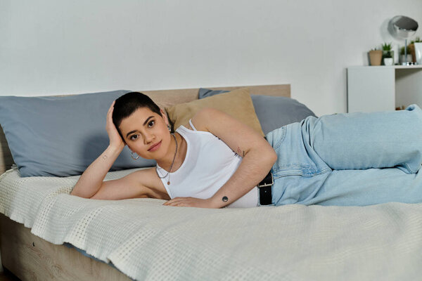 A young woman with short hair in casual wear lounging on a bed next to pillows, exuding relaxation and comfort.
