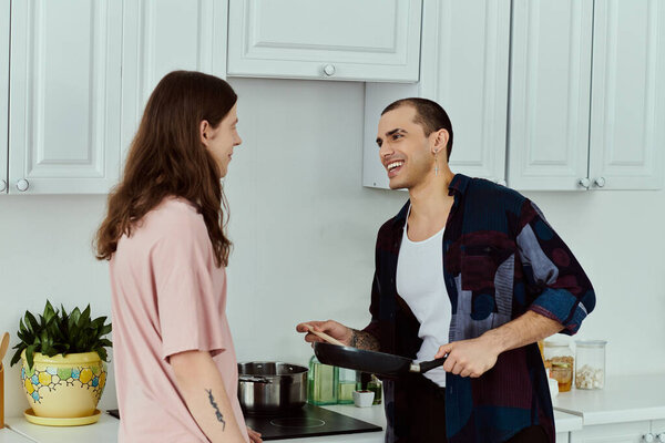 couple in a cozy kitchen, preparing a meal together with love and laughter.