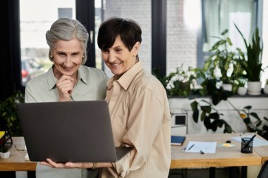 Two women collaborating on a laptop in an office setting. clipart