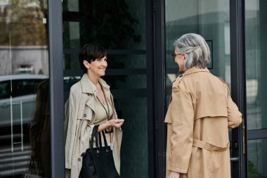 Two women conversing outside building. clipart