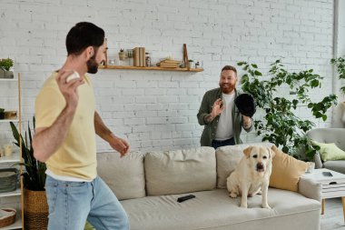 Beyzbol oynayan sakallı çift oturma odasında Labrador 'un yanında durup maç izliyor..