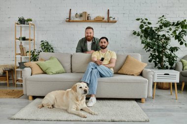 Sakallı iki adam, sıcak bir oturma odasında Labrador av köpekleri eşliğinde kanepede dinleniyor..