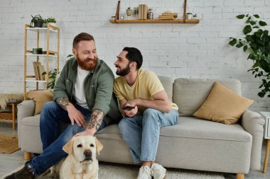 İki adam, biri sakallı, rahat bir oturma odasında Labrador 'la kanepede kaliteli zaman geçiriyor..