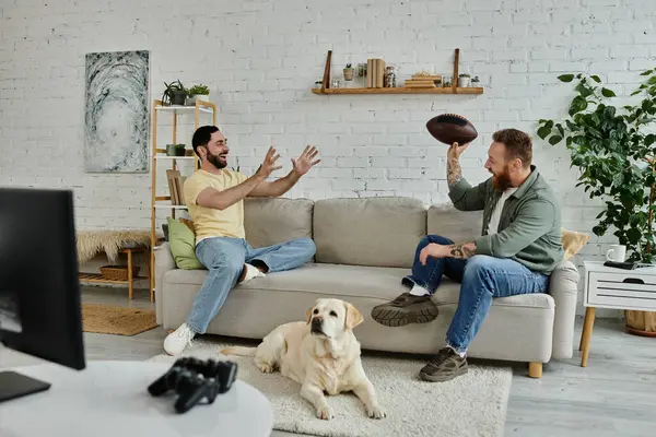 Stock image Two men, one with a beard, enjoying time together on a couch, playing near their Labrador while watching a sporting event.