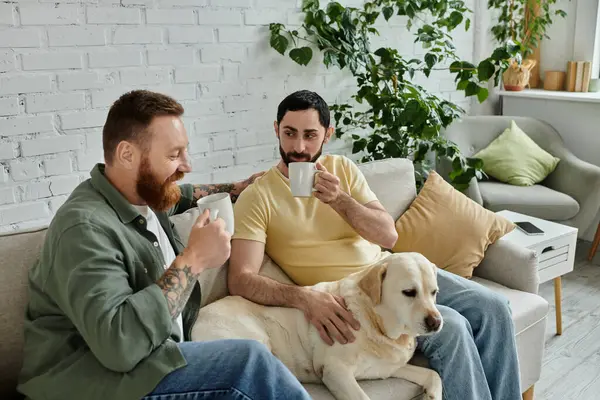 Bir çift sakallı adam oturma odasında labrador yakınlarında kahvelerini yudumluyor..