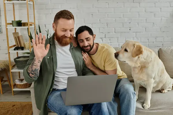 stock image Bearded gay couple working remotely on laptop, accompanied by labrador dog, in cozy living room.
