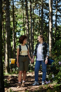 A young lesbian couple hikes through a forest, hand in hand, enjoying a sunny day. clipart