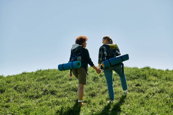 A lesbian couple walks hand-in-hand up a grassy hill, enjoying a sunny day outdoors.