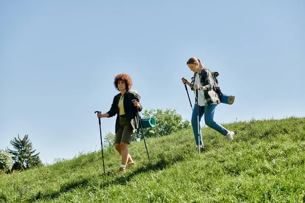 Stock image Two young women, a lesbian couple, hike together through a beautiful green landscape, enjoying the outdoors.