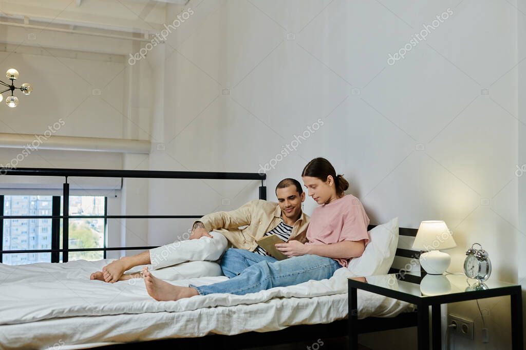 A young gay couple relaxes on a bed in a modern loft apartment, enjoying each others company.