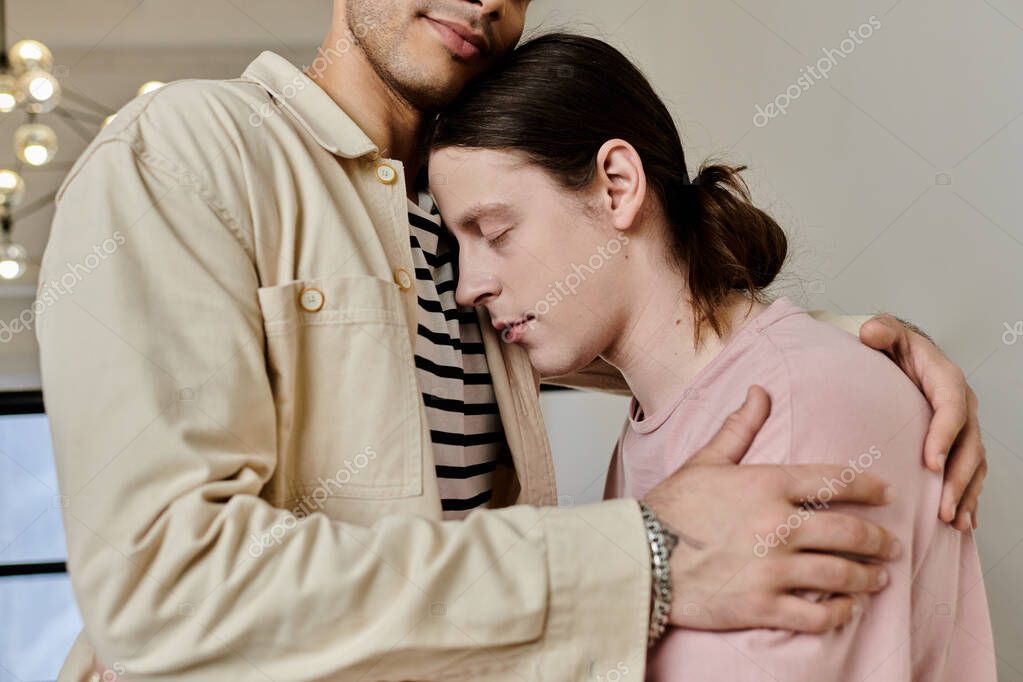 A young gay couple embraces in a modern apartment, showcasing a tender moment of intimacy and affection.