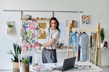 A young man, showcasing a hand-painted t-shirt in his DIY clothing restoration studio. clipart