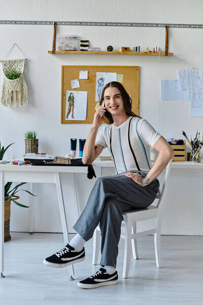 A young man smiles while sitting in his clothing restoration atelier, working to give discarded items a new life through sustainable practices.