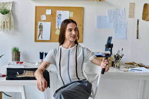 A young man in a striped shirt smiles at the camera while filming in his workshop.