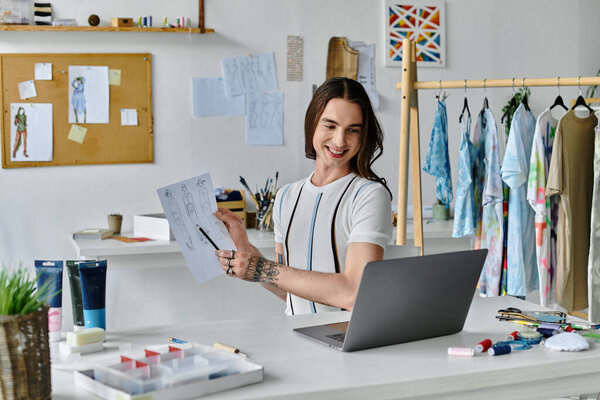 A young gay man smiles as he shows off a design sketch in his clothing restoration atelier.