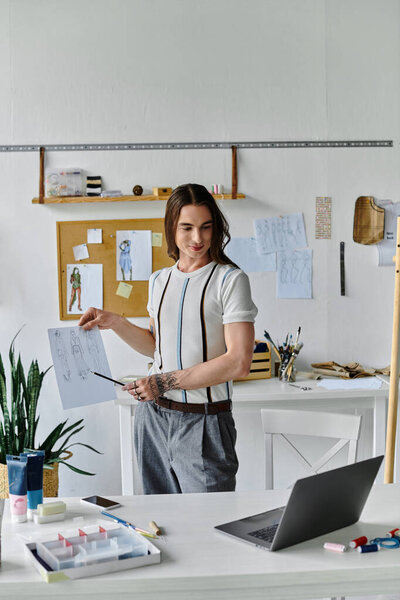 A young man, a DIY clothing restoration specialist, shows a client a design in his atelier, promoting sustainable fashion.