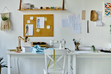 A clean and well-organized workspace of a DIY clothing restoration atelier, featuring a sewing machine, fabrics, design sketches clipart