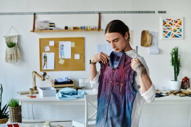 A young man in a white shirt stands in his atelier, carefully examining a vintage denim shirt he has upcycled. clipart