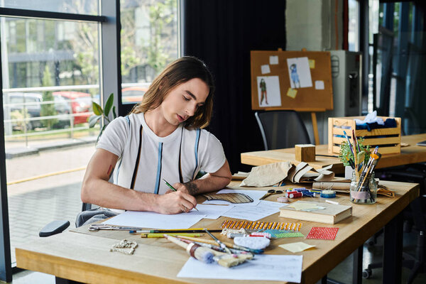A young gay man, focused on sustainability, works in his clothing restoration atelier, transforming discarded items into new creations.