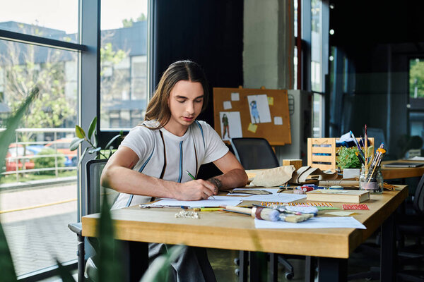 A young man sketches designs at his DIY clothing restoration atelier. He focuses on giving new life to discarded clothing, promoting sustainable fashion practices.