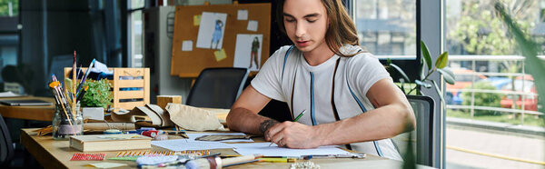A young man sketches designs in his clothing restoration atelier, surrounded by tools and materials for giving new life to discarded clothes.