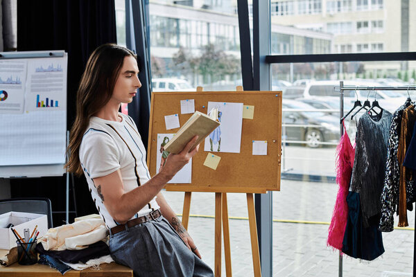 A young man with long hair sits in his clothing restoration studio, reading a book while surrounded by his work.