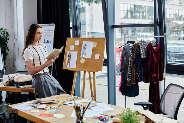 A young, gay fashion designer thoughtfully reads a book in his design studio, surrounded by discarded clothing he will restore and give new life.