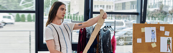 A young man examines fabric for a sustainable clothing restoration project in his city studio.