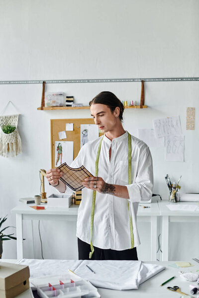 Молодой портной в белой рубашке рассматривает ткань в своем ателье по восстановлению одежды, вдыхая новую жизнь в старую одежду.