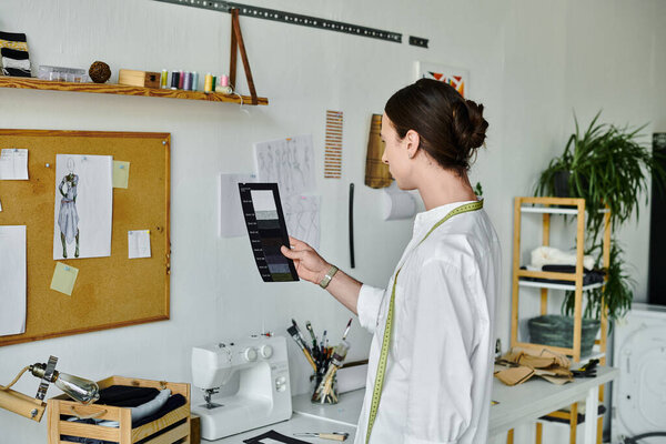 A young man, dressed in white, examines fabric swatches in his sewing atelier, showcasing a passion for sustainable clothing restoration.