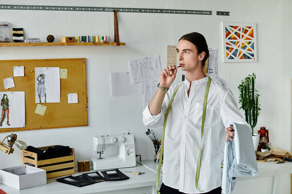 A young man stands in his clothing restoration atelier, thoughtfully holding a piece of fabric.