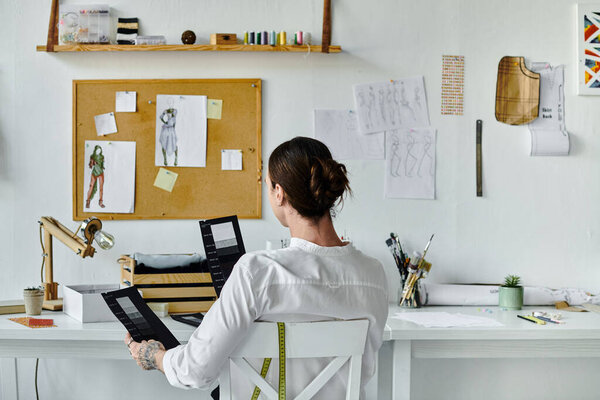 Молодой человек, работающий в мастерской по реставрации одежды, внимательно изучает образцы ткани, сидя за своим столом..