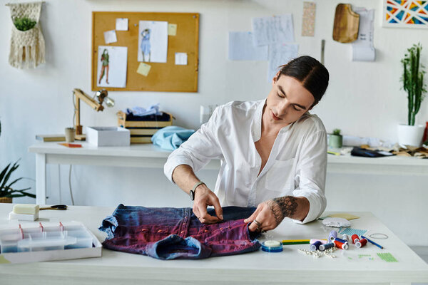 A young tailor works on restoring a discarded garment in his DIY clothing atelier, focusing on sustainability and giving new life to old items.