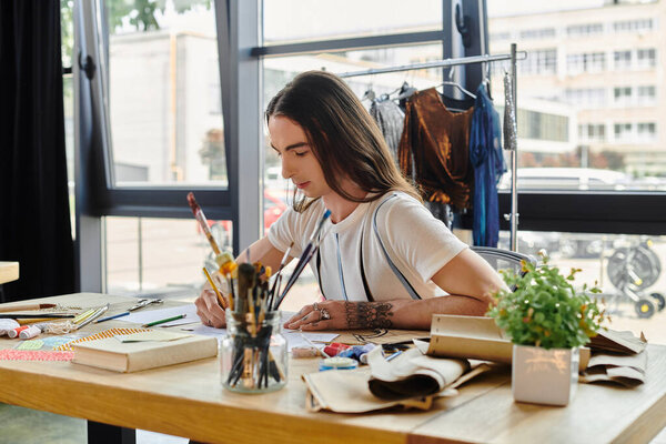 A young man with long hair sketches designs in his DIY clothing restoration atelier.