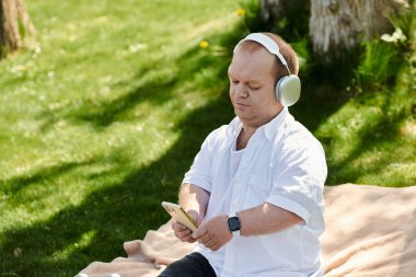 Kapsayıcı bir adam parkta bir battaniyeye oturmuş kulaklıkla müzik dinliyor..