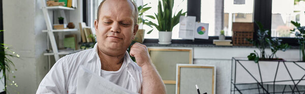 Мужчина с инклюзивностью в белой рубашке сидит за своим столом, тщательно просматривая документы.