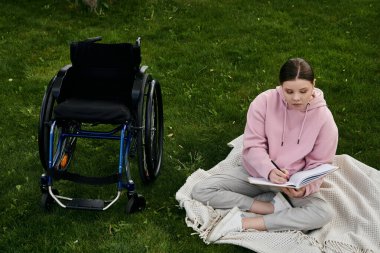 Parkta, pembe kapüşonlu bir kadın bir battaniyeye oturur, tekerlekli sandalyesinin yanına bir defter yazar, içeriği ve erişilebilirliği gösterir..