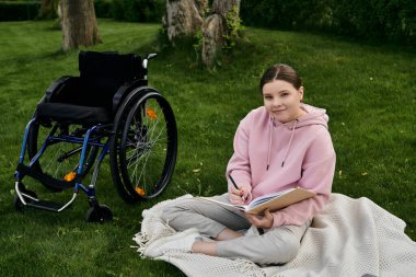Pembe kapüşonlu genç bir kadın park battaniyesinin üzerinde oturuyor, tekerlekli sandalyesi yakınlarda, bir deftere yazıyor ve günün tadını çıkarıyor..