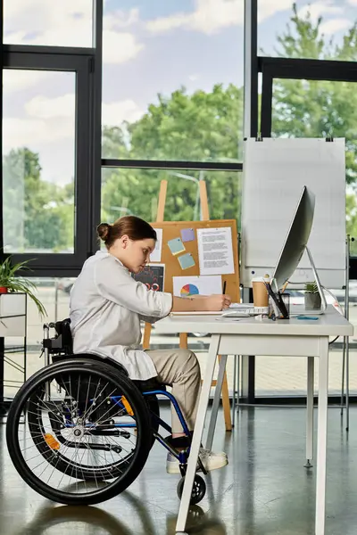 stock image A young businesswoman in a wheelchair works diligently at her desk in a modern office.