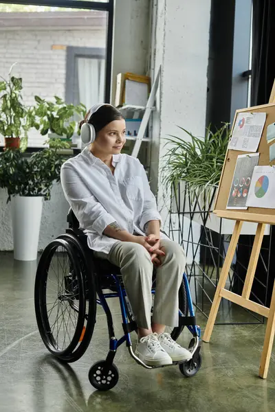 stock image A young businesswoman with a disability sits in a wheelchair and works in a modern office, showcasing inclusion in the workplace.