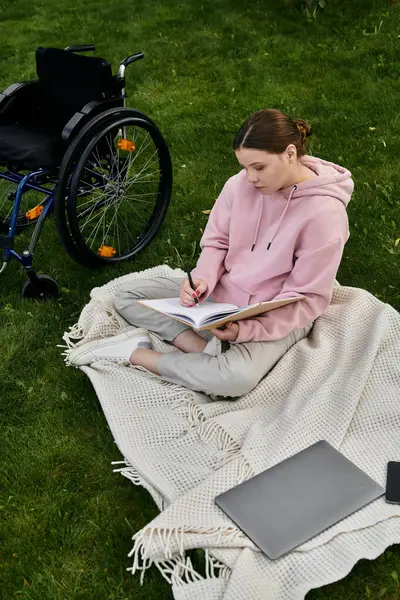 stock image A young woman in a pink hoodie sits in a wheelchair on a blanket in a grassy park, writing in a notebook.