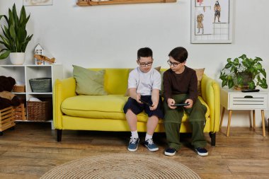 İki genç çocuk, biri Down sendromlu, sarı bir kanepeye oturup video oyunu oynuyorlar..