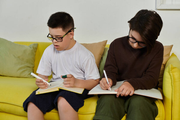 Two young boys, one with Down syndrome, sit on a yellow couch and write in notebooks.