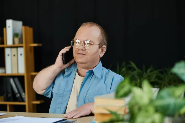 stock image A man with inclusivity in glasses sits at a desk, talking on the phone.