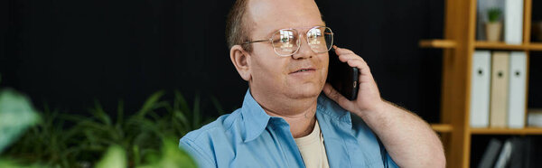 A man with inclusivity in glasses talks on the phone in his office, surrounded by plants and a bookshelf.