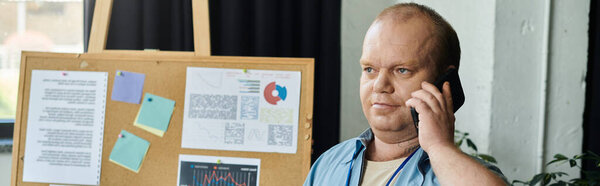 Человек с инклюзивностью разговаривает по телефону в офисе, концентрируясь на разговоре.