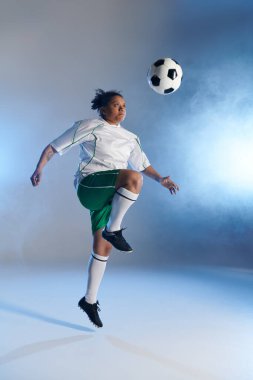 A female soccer player jumps high, eyes fixed on the ball, about to make a powerful play. clipart