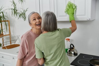 Lezbiyen bir çift modern mutfağını birlikte temizliyor. Bir kadın dolapları temizlerken diğeri izliyor ve gülümsüyor..